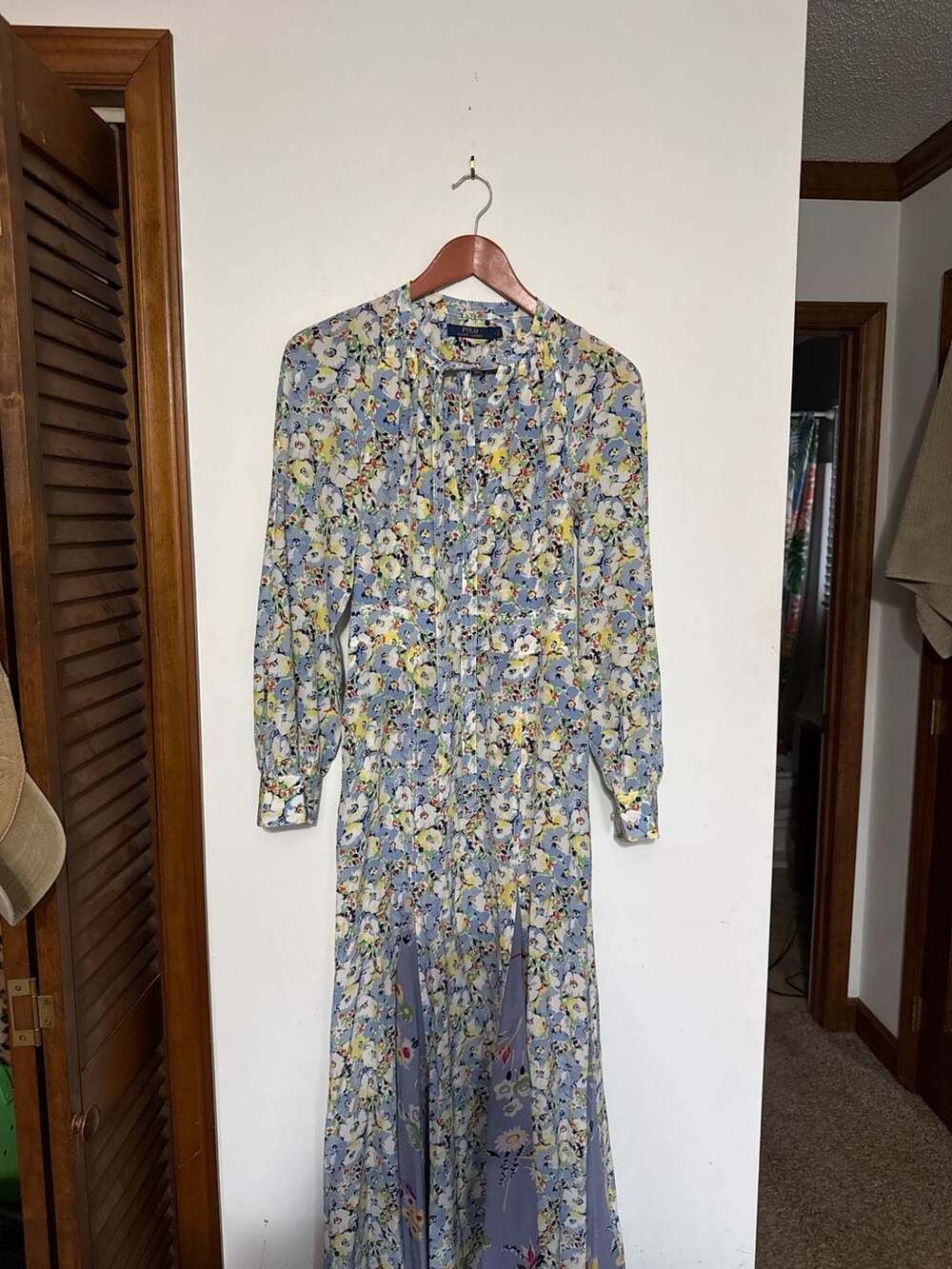 Polo Ralph Lauren Floral Print 100% Silk Maxi Dress with Tie Neck